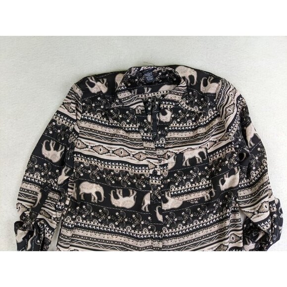 Justify Women's Top Size Small Black & Beige Elephant Print Tunic Tribal - Picture 4 of 11